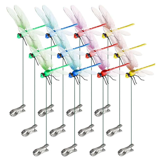 12pcs Dragonfly Hat Clips: realistic garden stake-style 3D outdoor decorative lures.